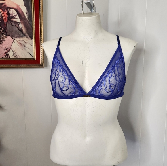 Calvin Klein Blue Sheer Lace Bralette Bra Size Medium Sexy Lingerie - Picture 1 of 8